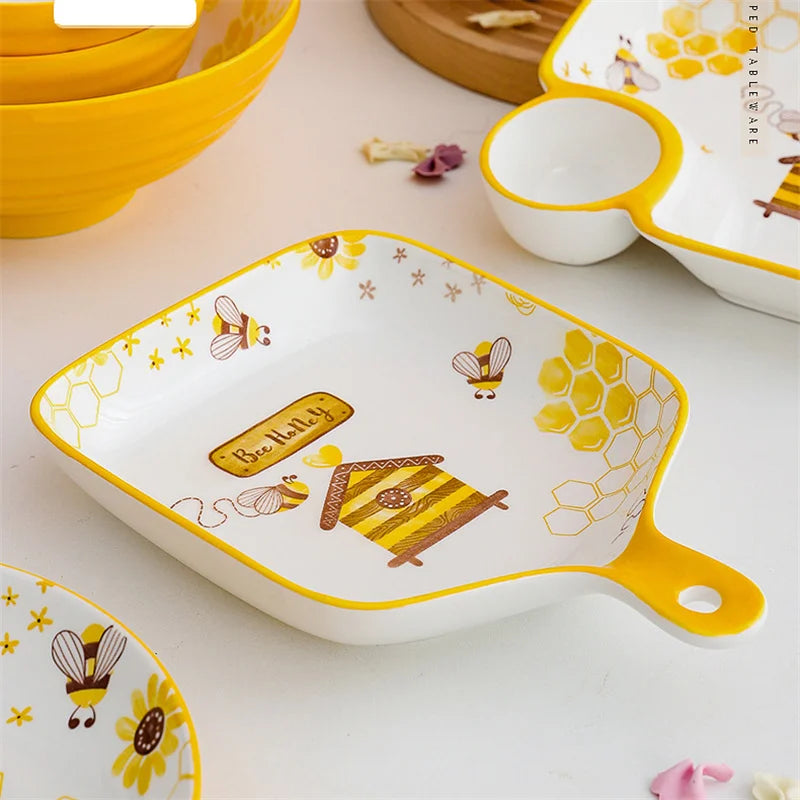 Afralia™ Little Bee Ceramic Plate with Handle: Multifunctional Baking Tray for Desserts & Snacks