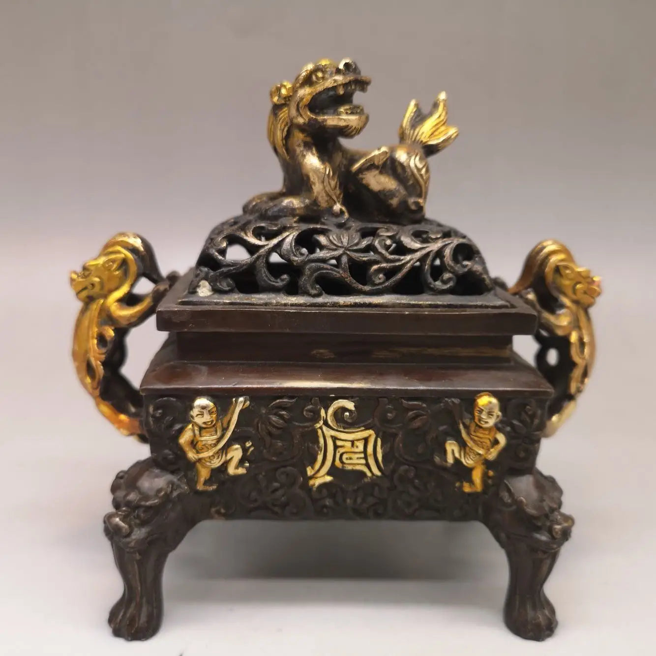 Afralia™ Double Dragon Lion Incense Burner: Antique Bronze Aromatherapy Stove Craft Ornament