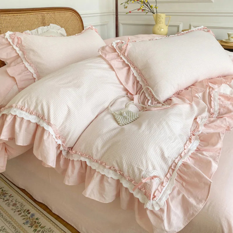 Afralia™ Blue Pink Lattice Bedding Set: Princess Ruffles Bow, 100% Cotton Quilt Cover, Sheet, Pillowcases