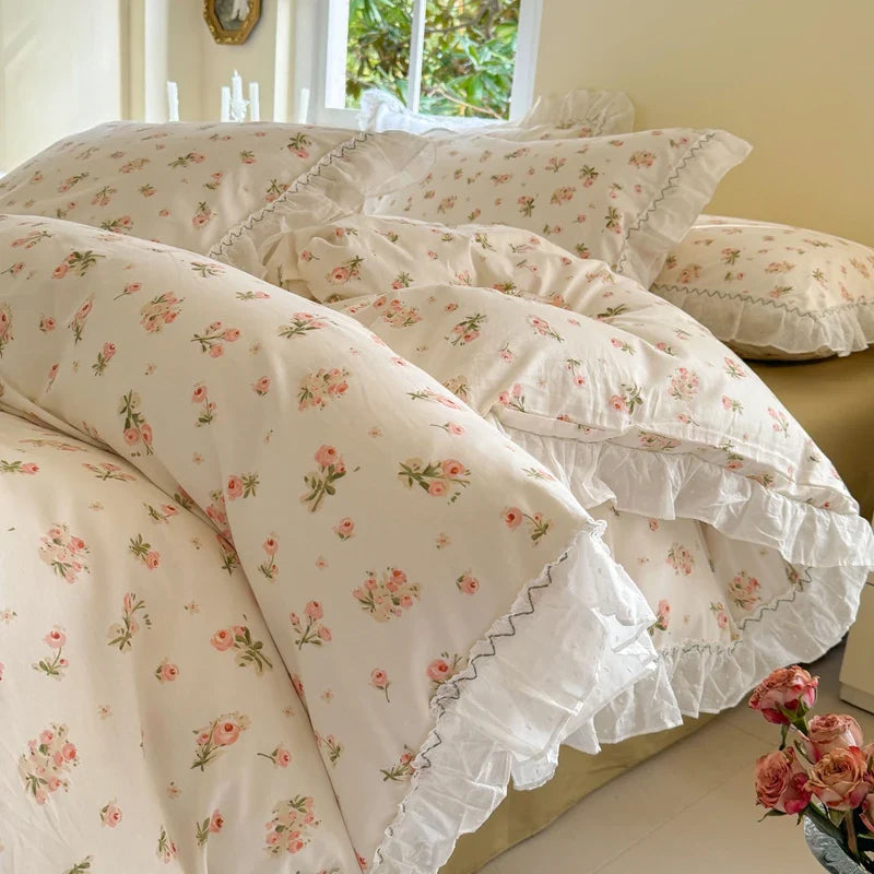 Afralia™ Floral Lace Ruffle Cotton Bedding Set with Quilt Cover, Duvet Cover, and Pillowcases