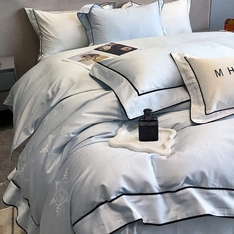 Afralia™ Jacquard Satin & Egyptian Cotton Patchwork Bedding Set - 4pcs