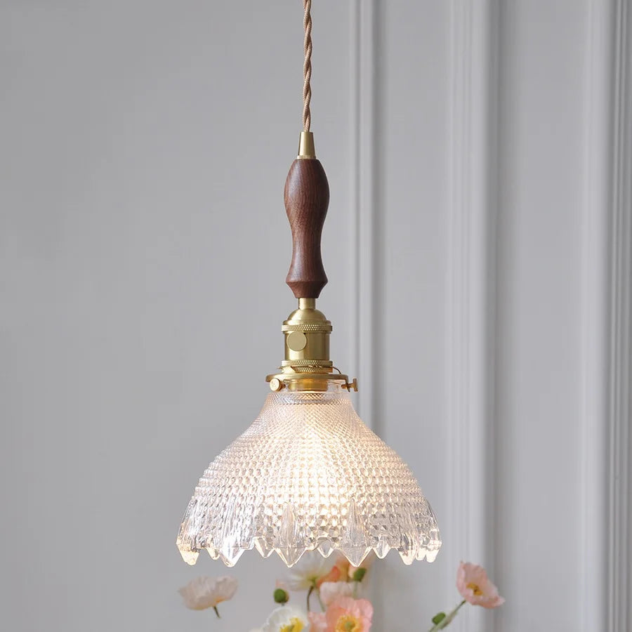 Afralia™ Green Glass LED Pendant Lamp with Copper Wood Handle for Modern Nordic Home Decor