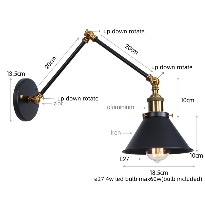 Afralia™ Gold Long Arm LED Wall Sconce with Pull Chain Switch, Adjustable Industrial Bedside Lamp