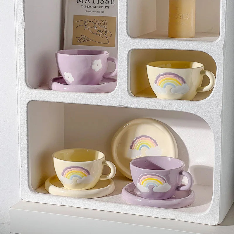 Afralia™ Rainbow Ceramic Coffee Mug Set with Tray Saucer, 250ml Korean Style