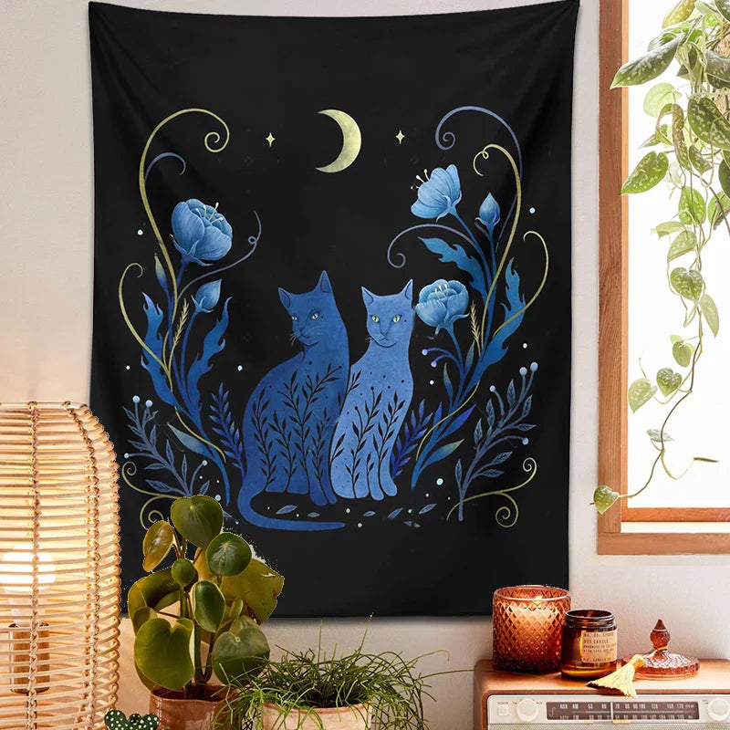 Afralia™ Moon Cat Tarot Tapestry: Psychedelic Wall Hanging for Hippie Home Decor