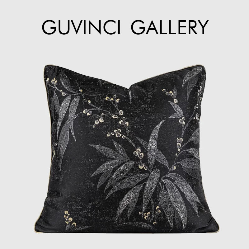 Afralia™ Black & Gold Floral Jacquard Throw Pillow Cover Oriental Art Case