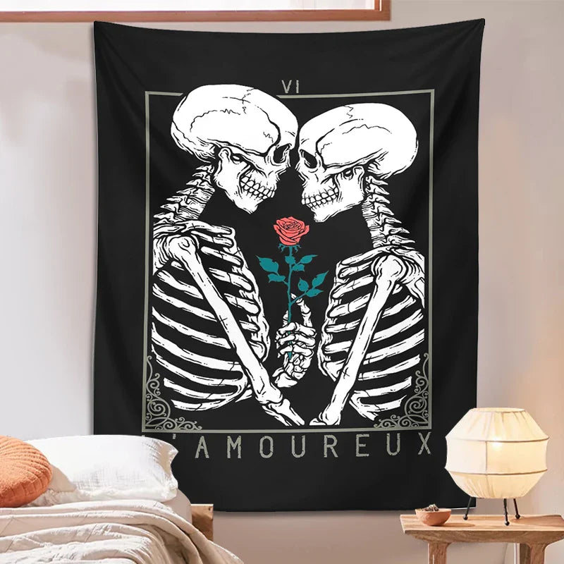 Afralia™ Kissing Lovers Tarot Tapestry: Skeleton & Rose Hippie Room Decor