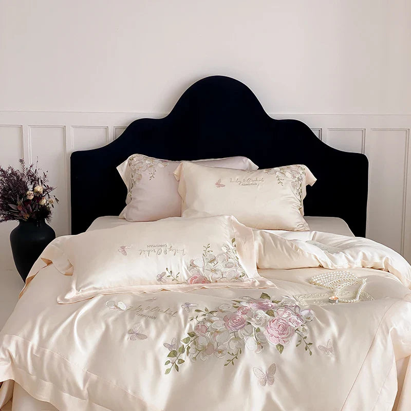 Afralia™ Butterfly Flowers Embroidery Bedding Set 800TC Soft Silky Duvet Cover Set