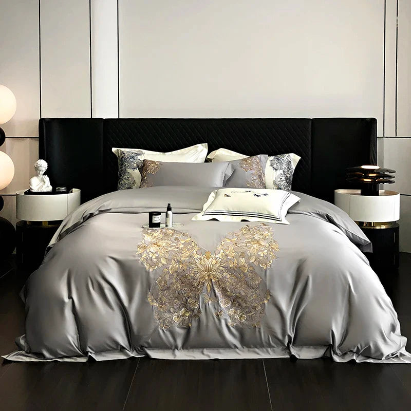 Afralia™ Butterfly Flowers Embroidery Luxury Bedding Set 4Pcs