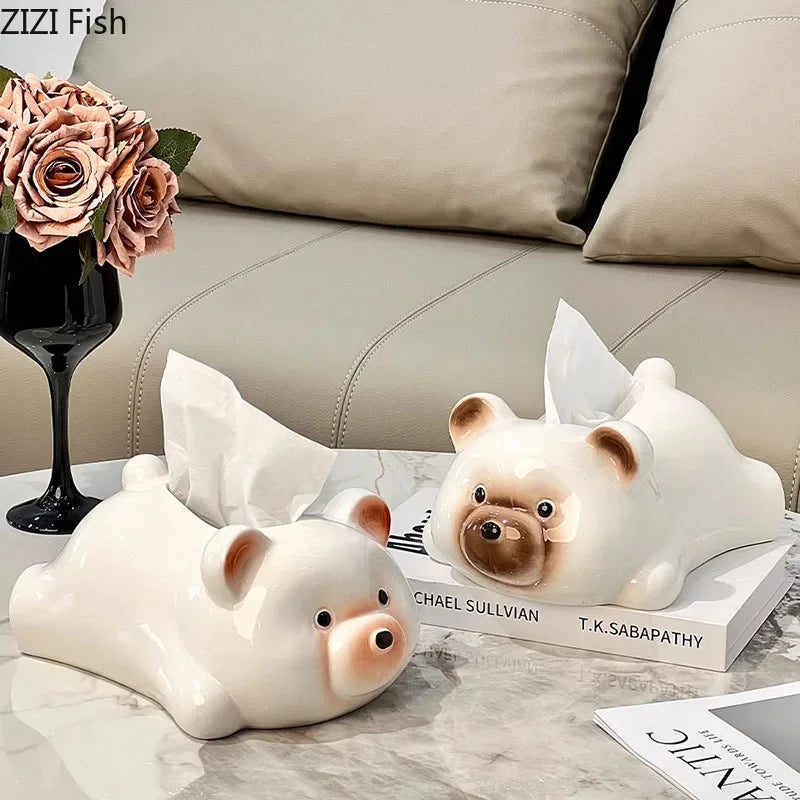 Afralia™ White Bear Ceramic Tissue Box: Cute Cartoon Bear Design for Coffee Table & Desk