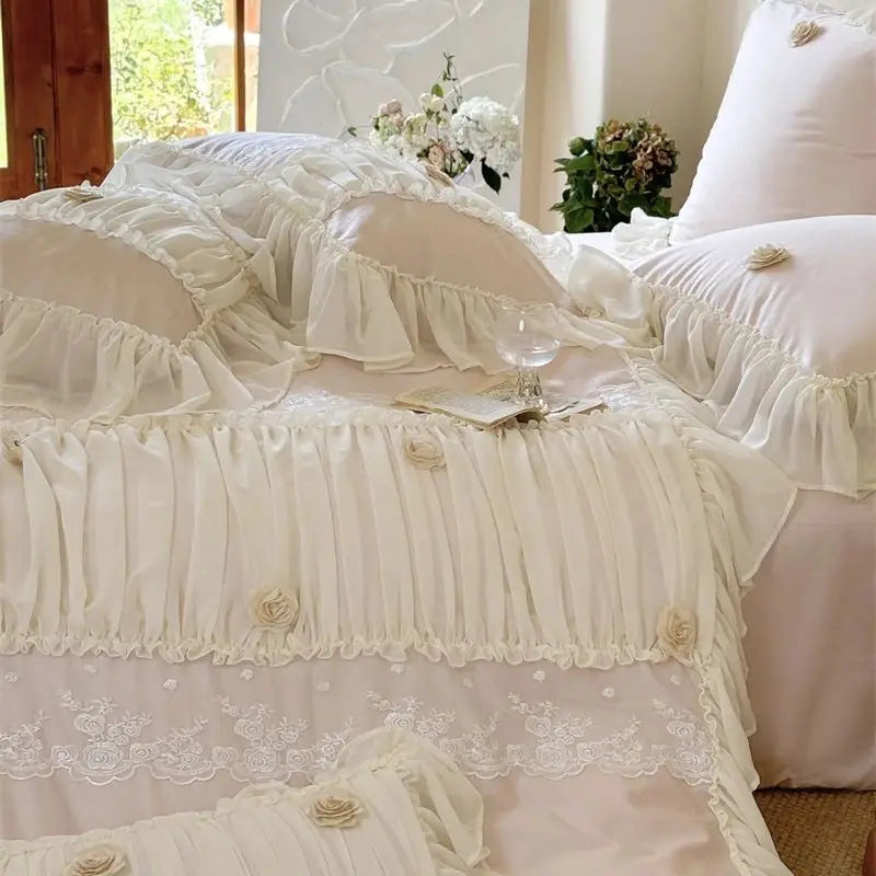 Afralia™ Rose Lace Ruffles Princess Wedding Bedding Set with 1000TC Egyptian Cotton