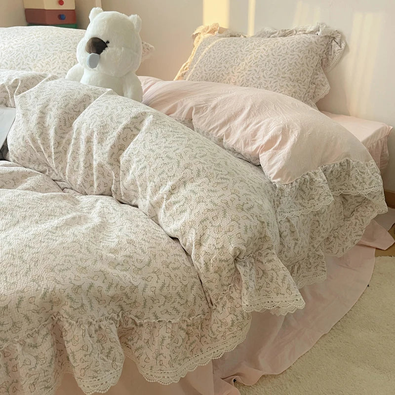 Afralia™ Korean Lace Ruffles Bedding Set with Bed Skirt, Soft Skin-Friendly Material