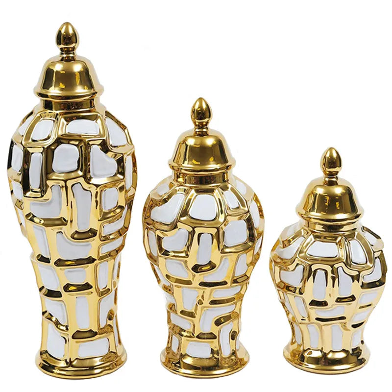 Afralia™ Gold Plaid Ceramic General Jar - Vintage Decorative Ornaments