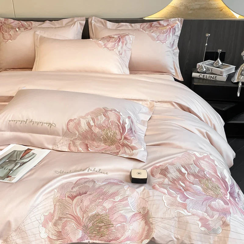 Luxury Flowers Embroidery Bedding Set by Afralia™: Duvet, Sheet, Pillowcases 4Pcs