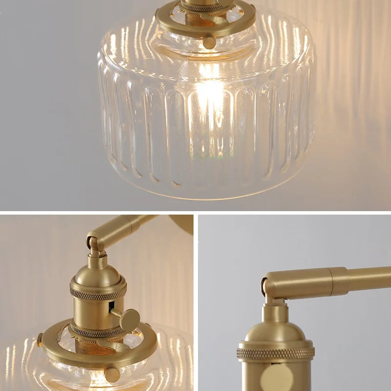 Afralia™ Copper Pull Chain LED Wall Light with Clear Glass Rotate Bedside Lamp