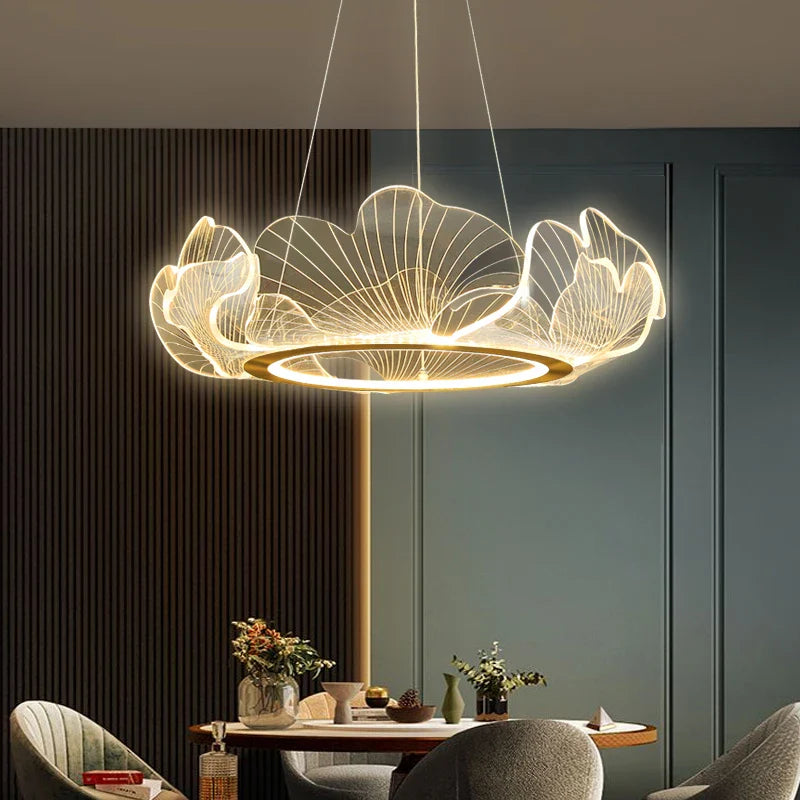 Afralia™ Ginkgo Acrylic LED Pendant Chandelier Light, Gold Metal, Dimmable, Modern Minimalism