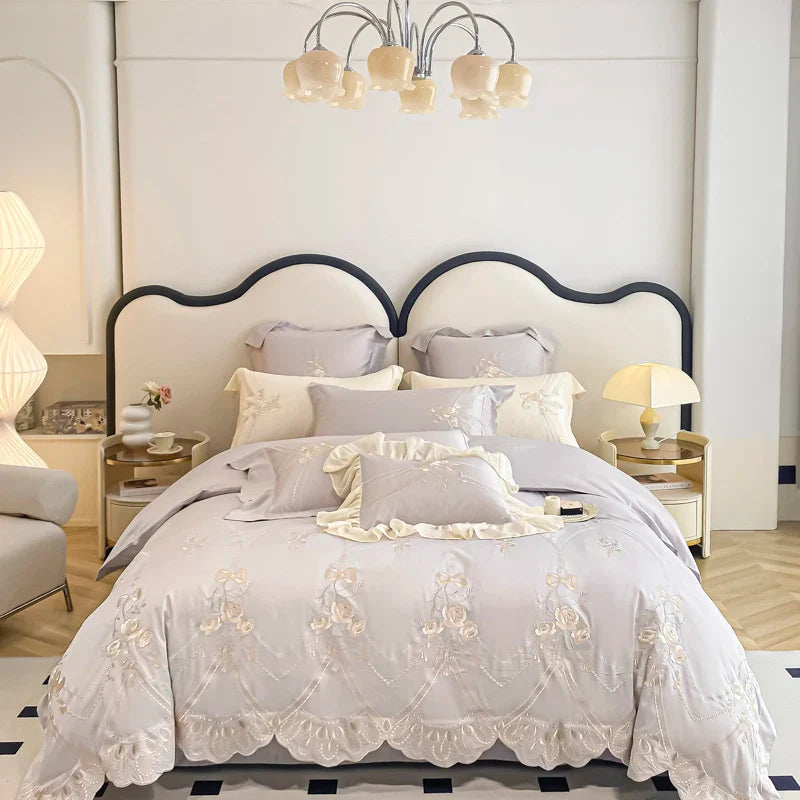 Afralia™ Rose Flower Embroidered 1000TC Egyptian Cotton Bedding Set