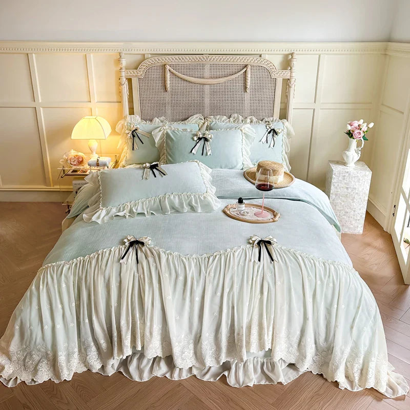 Afralia™ Lace Ruffles Princess Bedding Set, Velvet Duvet Cover, Plush Bed Sheet, Pillowcases