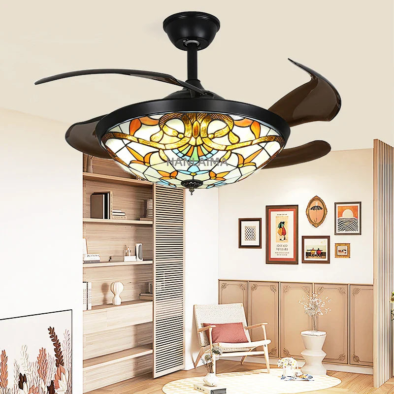 Afralia™ Mediterranean Retro Ceiling Fan with Remote - Invisible Blade Design in Living Room