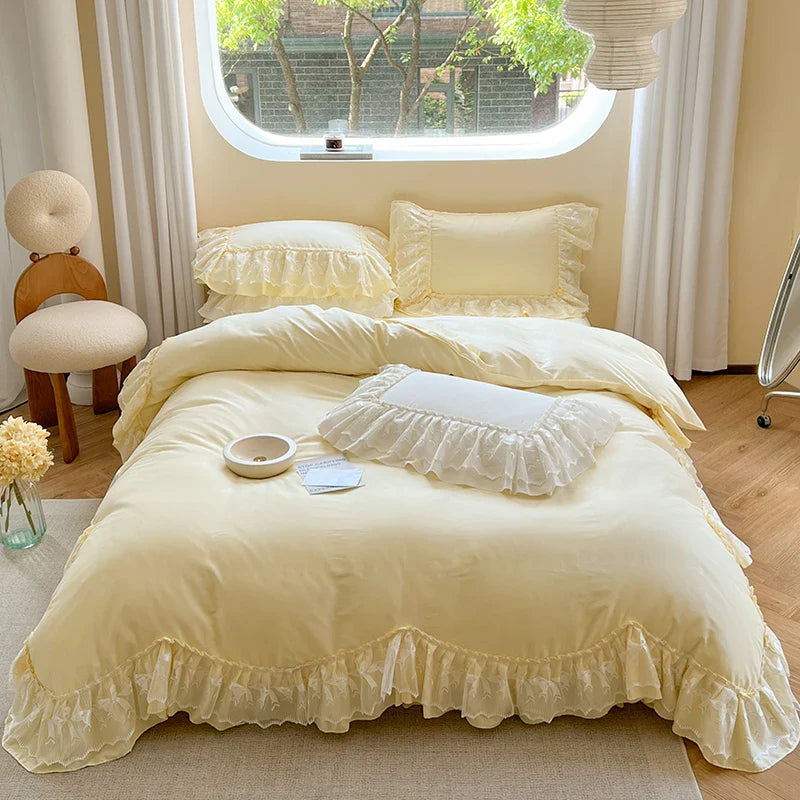 Afralia™ Lace Ruffles Bedding Set in Pearl White Cream Yellow Princess Cotton