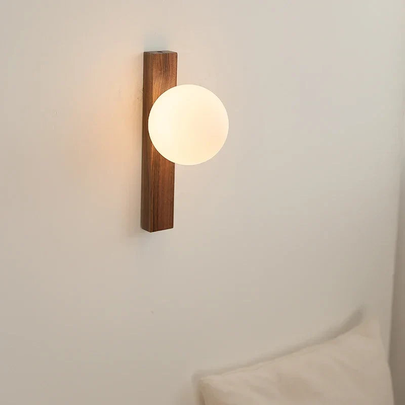 Afralia™ Walnut Wood and Glass Sphere Wall Sconce, Wabi-sabi Modern Style