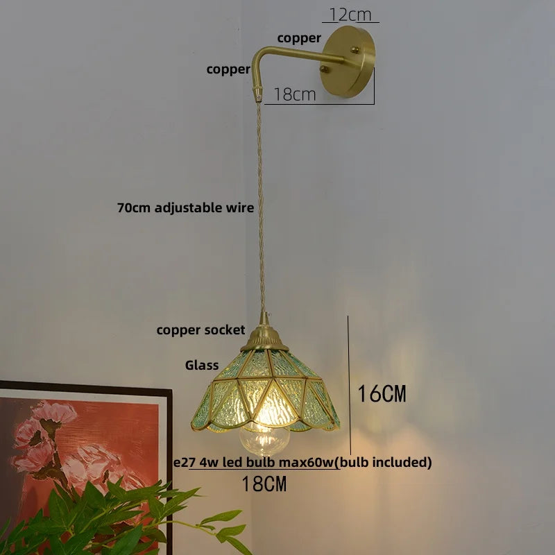 Afralia™ Glass Brass LED Wall Sconce Pull Chain Switch Vintage Vanity Light
