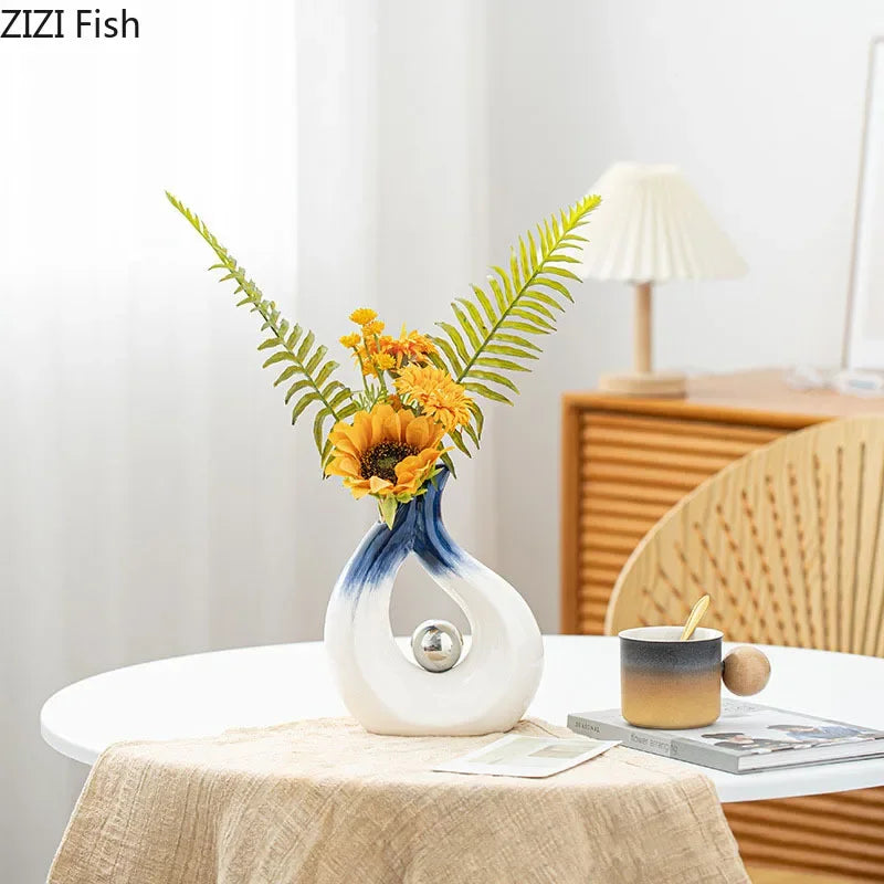 Afralia™ Silver Ball Ceramic Vase for Desk Decor with Artificial Flowers