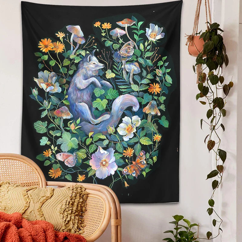 Afralia™ Botanical Floral Garden Tapestry Wall Hanging Fox Wildflower Hippie Psychedelic Home Decor