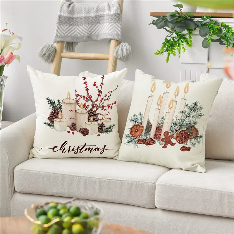 Afralia™ Pinecone Candlestick Linen Print Pillowcase - Christmas Home Decor