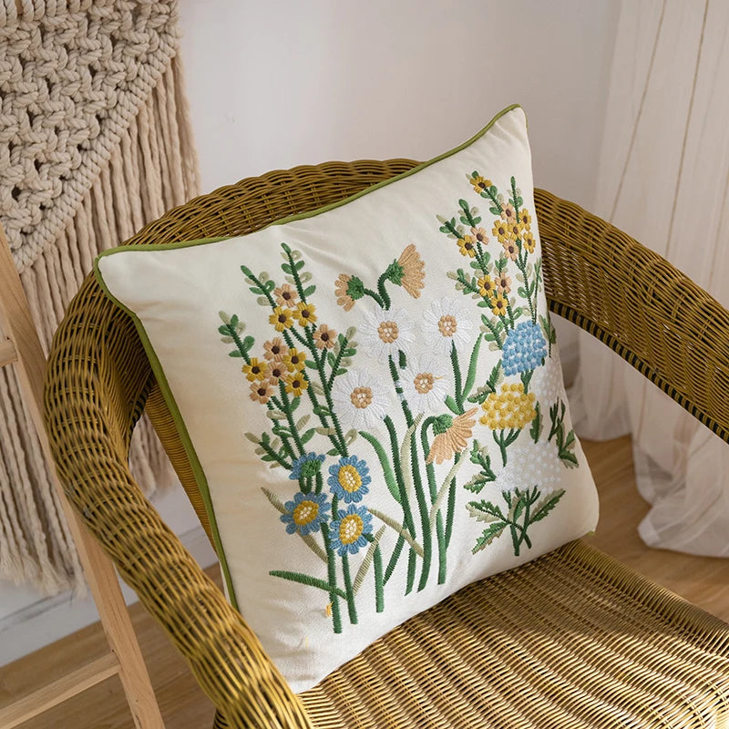 Afralia™ Flower Embroidered Farmhouse Decorative Pillow Cover - 18" x 18"