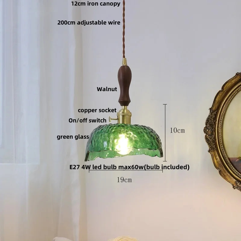 Afralia™ Green Glass Walnut Wood LED Pendant Light, Nordic Modern Hanging Lamp