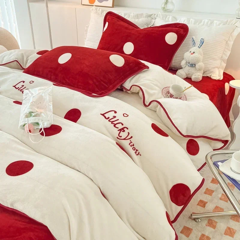 Afralia™ Polka Dot Milk Velvet Queen Bedding Set with Sheets & Pillowcases