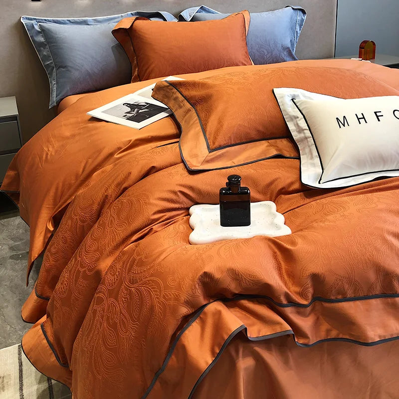 Afralia™ Jacquard Satin & Egyptian Cotton Patchwork Bedding Set - 4pcs