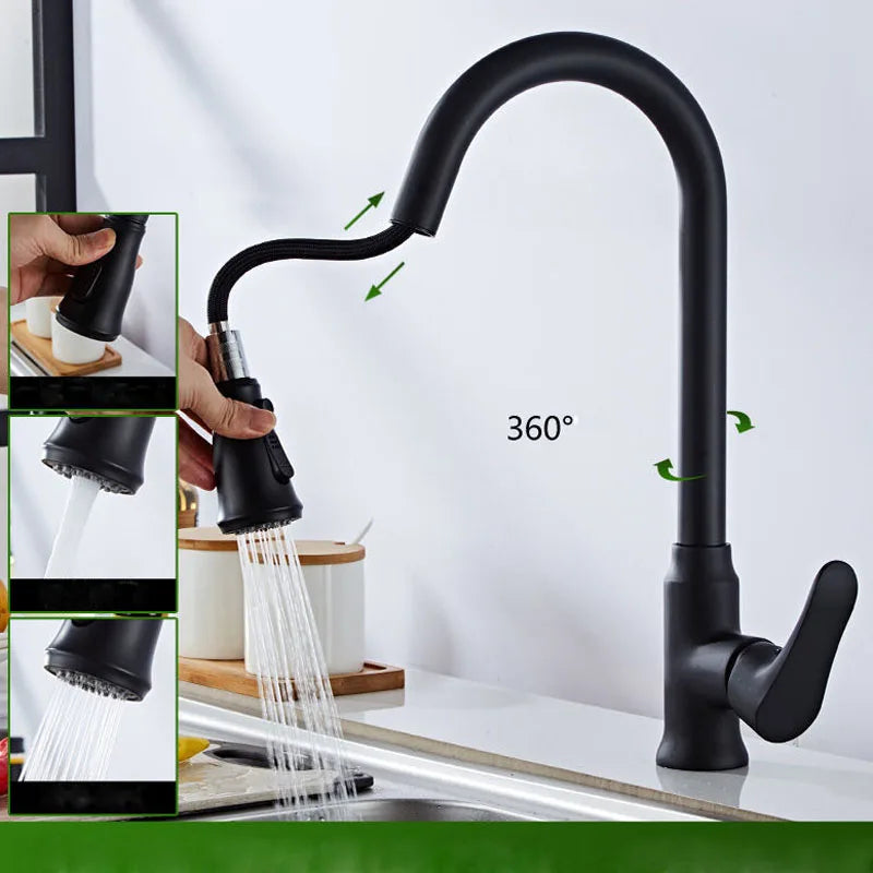 Afralia™ Pull Down Single Handle Kitchen Faucet in Sleek Black and Chrome Brushed Finish