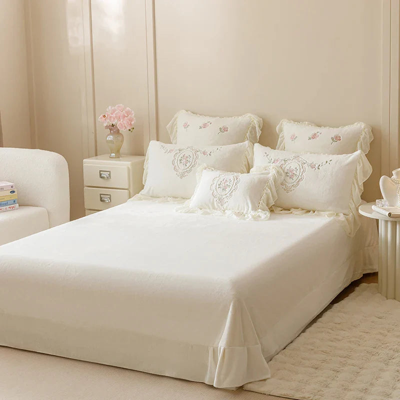 Afralia™ Velvet Rose Flowers Ruffles Princess Bedding Set with Embroidery