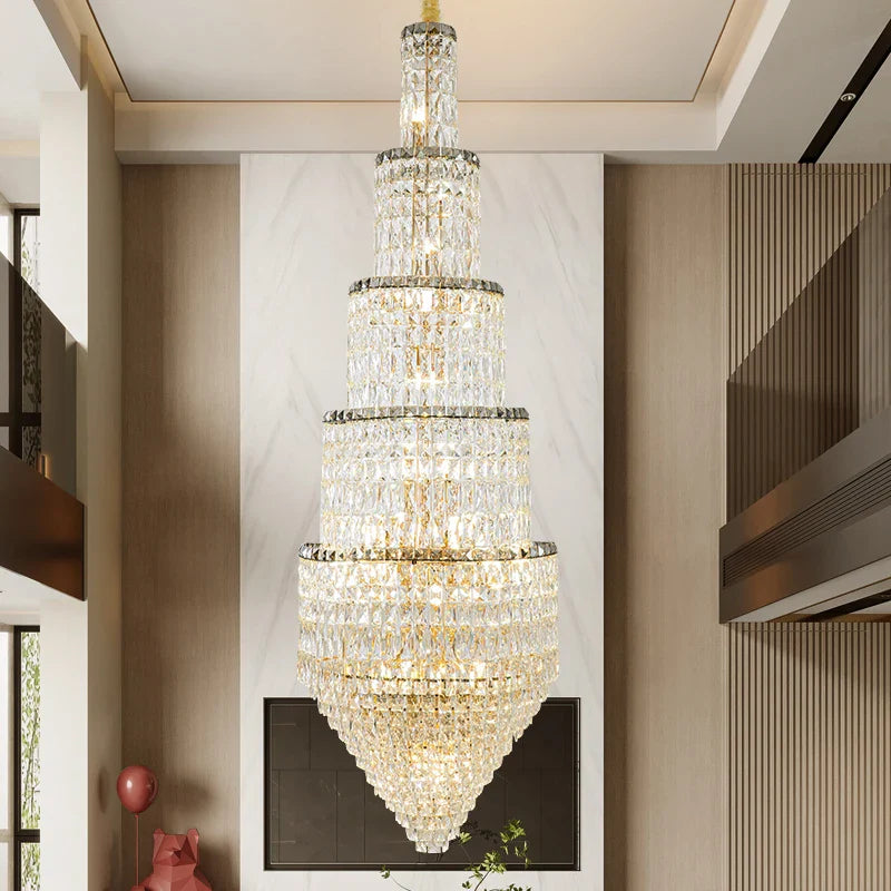 Afralia™ Crystal Hollow Long Chandelier: Elegant Duplex Villa Hall Lighting