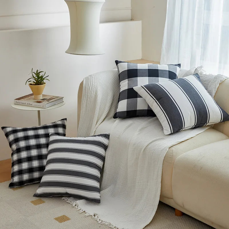 Afralia™ Geometric Plaid Striped Cotton Canvas Pillow Cover for Sofa