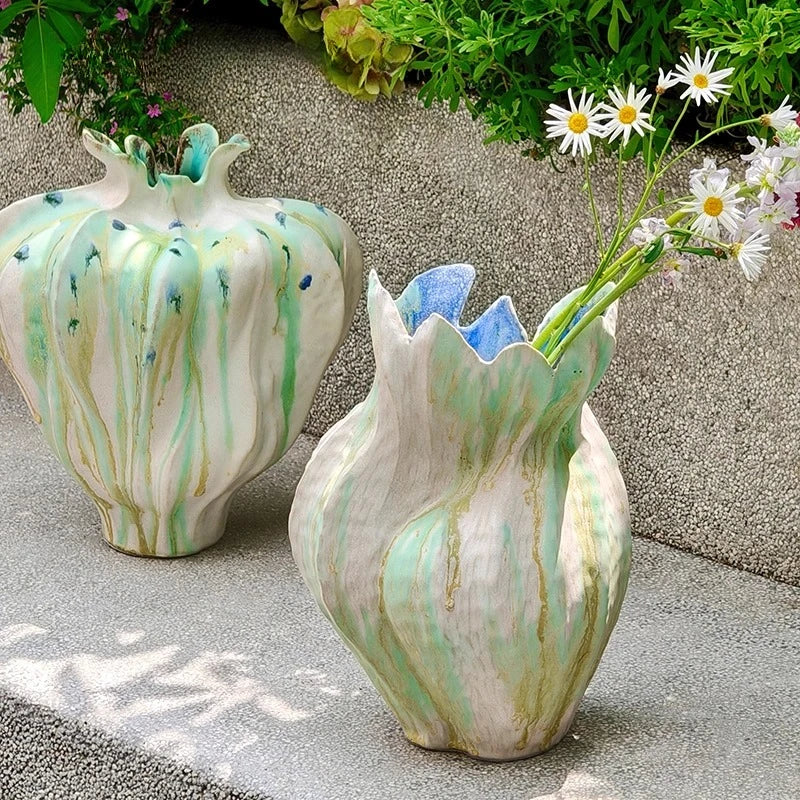 Ceramic Graffiti Vase by Afralia™ - Handmade Irregular Folds Home Decor