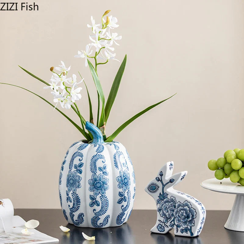 Afralia™ Blue White Porcelain Pumpkin Vase Desk Decoration Artificial Flowers Bouquet