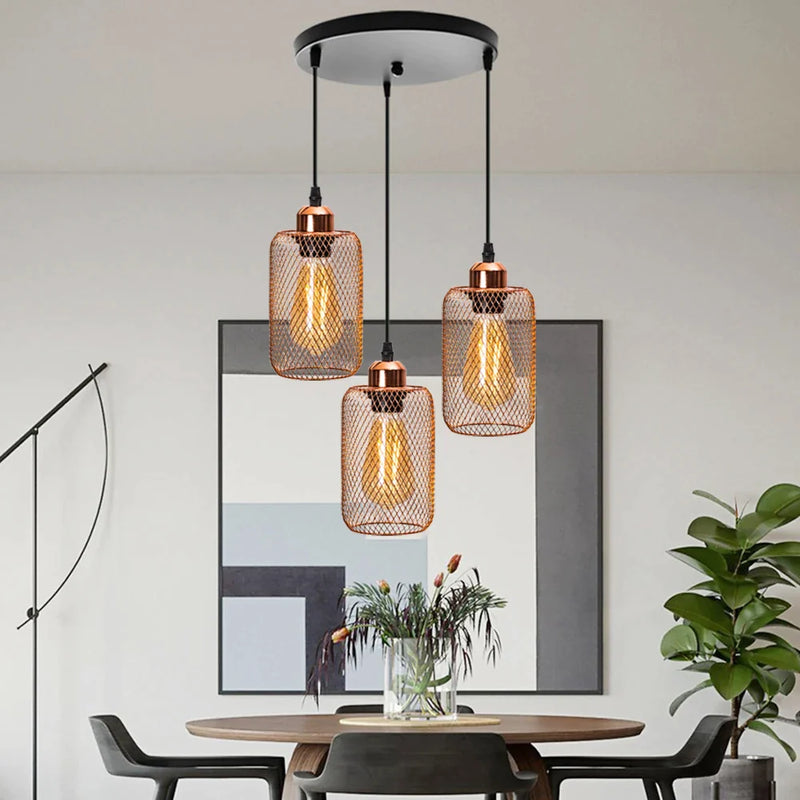 Afralia™ Rose Gold Metal Cage Pendant Lamp with E27 Bulb Socket