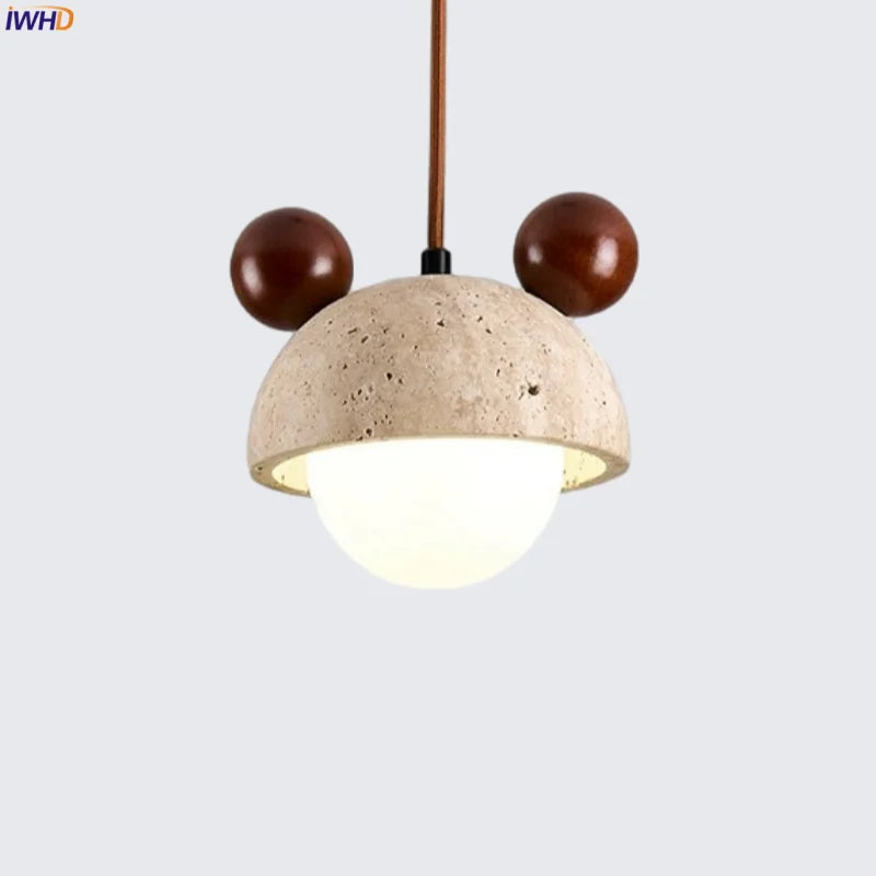 Afralia™ Cream Glass LED Pendant Lights Modern Wood Yellow Travertine Pendant Lamp