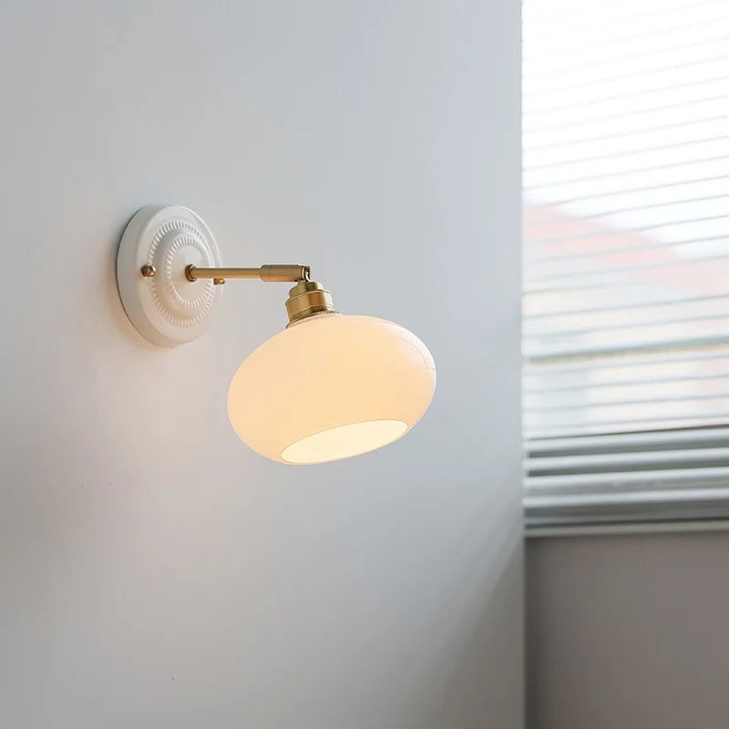 Afralia™ White Glass LED Wall Lights Fixtures Up And Down Ceramic Canopy Copper Arm Socket