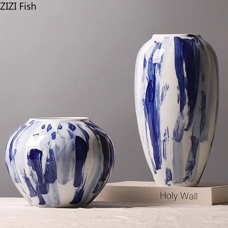 Afralia™ Blue & White Porcelain Vase: Ink Style Flowers, Aesthetic Room Decor