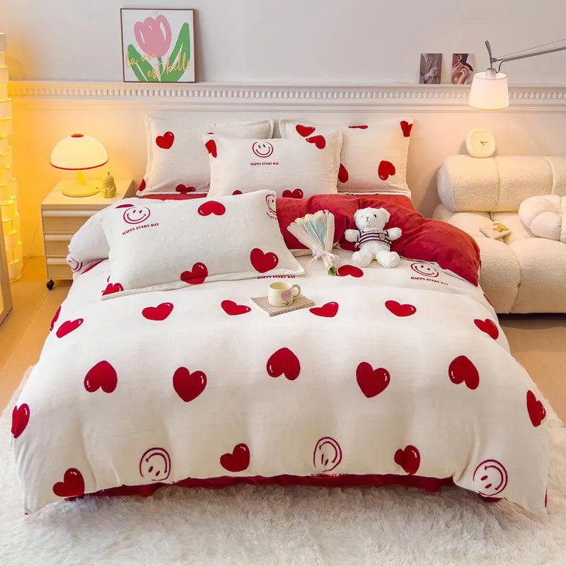 Afralia™ Winter Cartoon Crystal Velvet Bedding Set - Queen Size Warm Duvet Cover