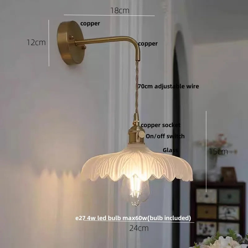 Afralia™ Amber Vintage LED Wall Light Glass Copper Pull Chain Switch Hallway Lamp