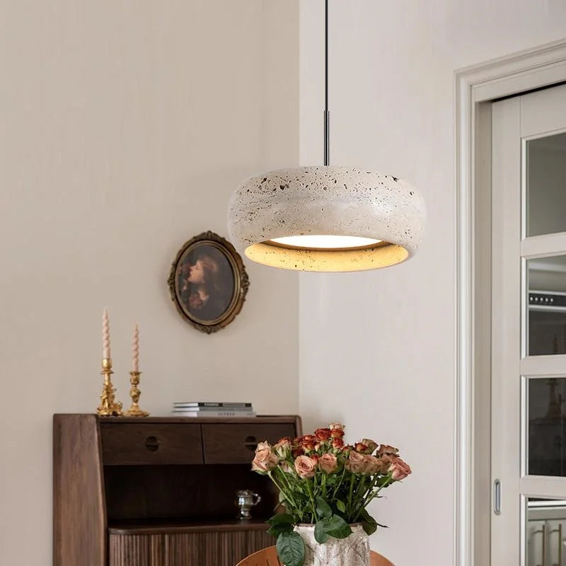 Afralia™ LED Pendant Lamp Black Iron Wabi Sabi Hanging Light - Yellow Travertine