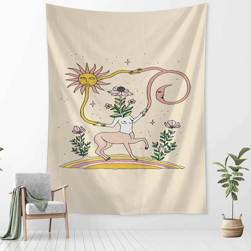 Afralia™ Botanical Girl Tarot Astrology Tapestry Wall Hanging for Boho Wicca Aesthetic Decor