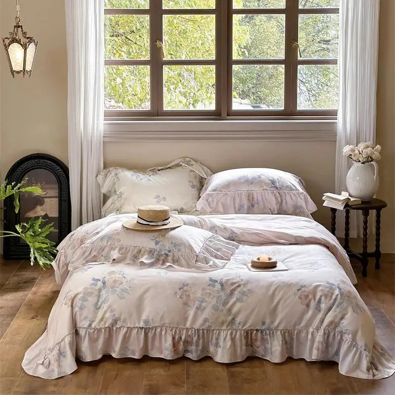 Afralia™ French Rose Flowers Print Bedding Set, Elegant Ruffles Princess Collection