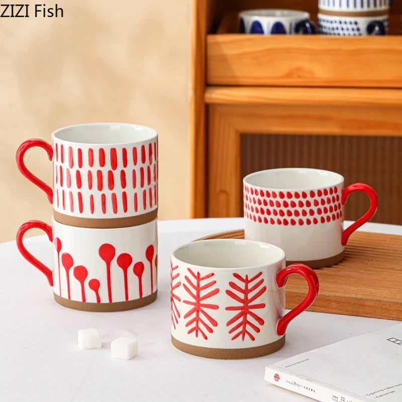 Afralia™ Red Patterned Porcelain Stacking Cup Set - Dining Table Coffee Mug Teacup