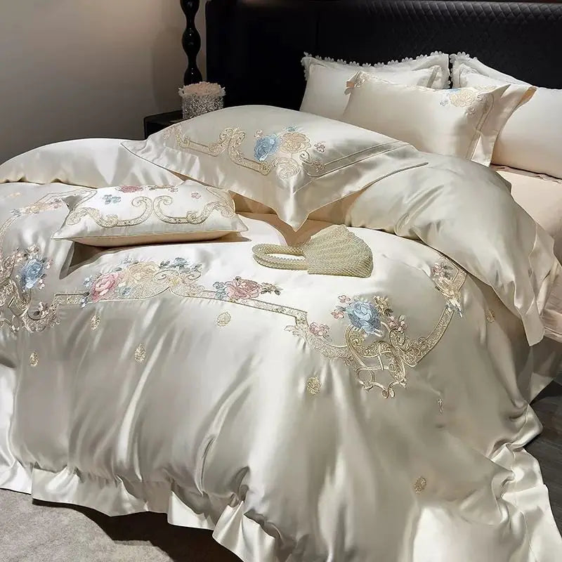 Afralia™ Luxe Brocade Cotton Flowers Embroidery Bedding Set Cream/Champagne Patchwork